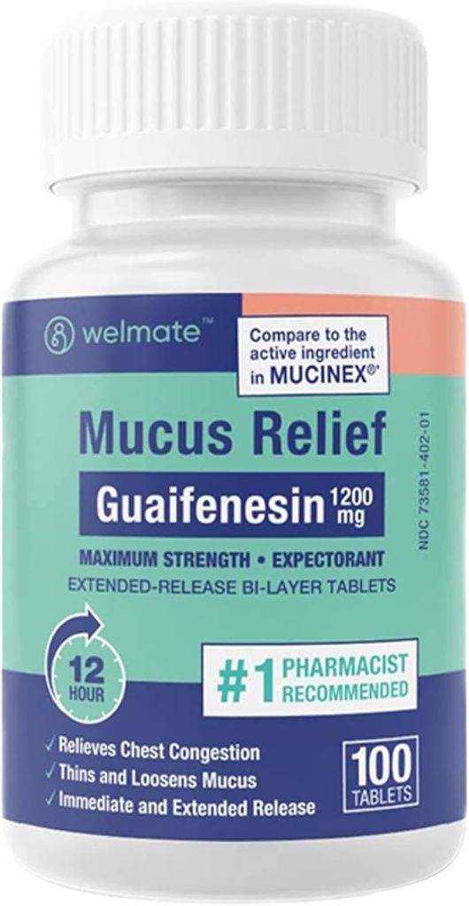 Mucus Relief - Guaifenesin 1200 mg Maximal styrka - Extended-Release Expectorant Tablets - Hjälper Clear Chest Congestion & Loosen Mucus - 12 timmars lättnad - 100 greve