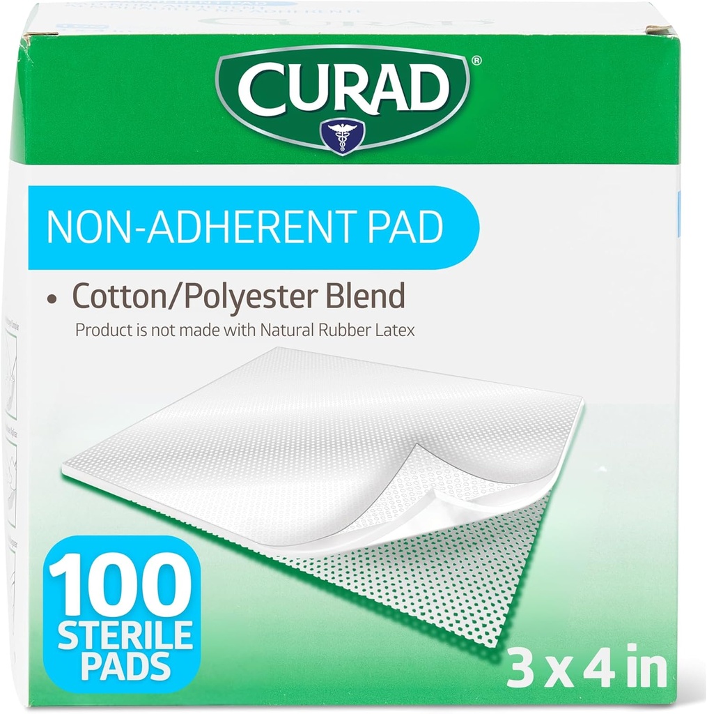 CURAD Sterile Non-Adherent Pads (Pack of 100), 3 "x4", för mild sårförband och absorption utan att sticka