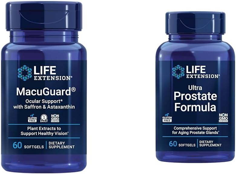 הרחבת החיים Macuguard Ocular תמיכה עם Saffron & Astaxanthin 60 Count and Ultra Prostate Formula Saw Palmetto 60 Softgels