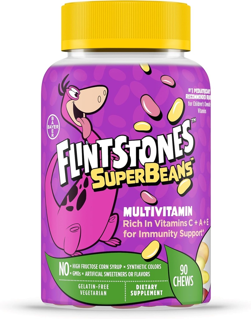 Flintstones Vitaminas SuperBeans, Crianças Multivitamin com suporte de imunidade com vitaminas A, D, Iodine & Zinc para apoiar o crescimento saudável, Fruit Flavored, Vegetarian, Jelly Bean Chews, 90 Conde (Pacote pode variar)