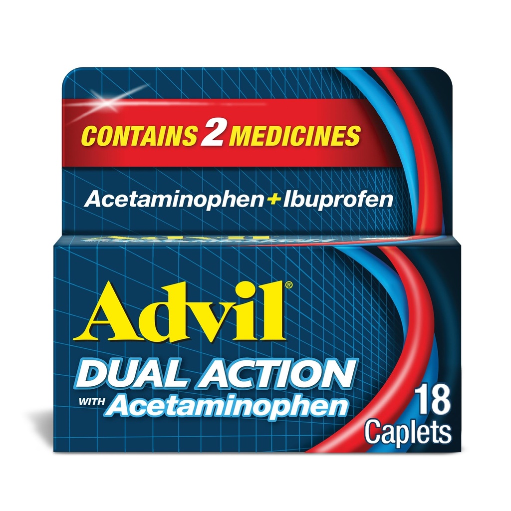 Advil Dual Action Coated Caplets with Acetaminophen, 125mg Ibuprofen and 250mg Acetaminophen Per Caplet for 8 Hour Pain Relief - 18 Count