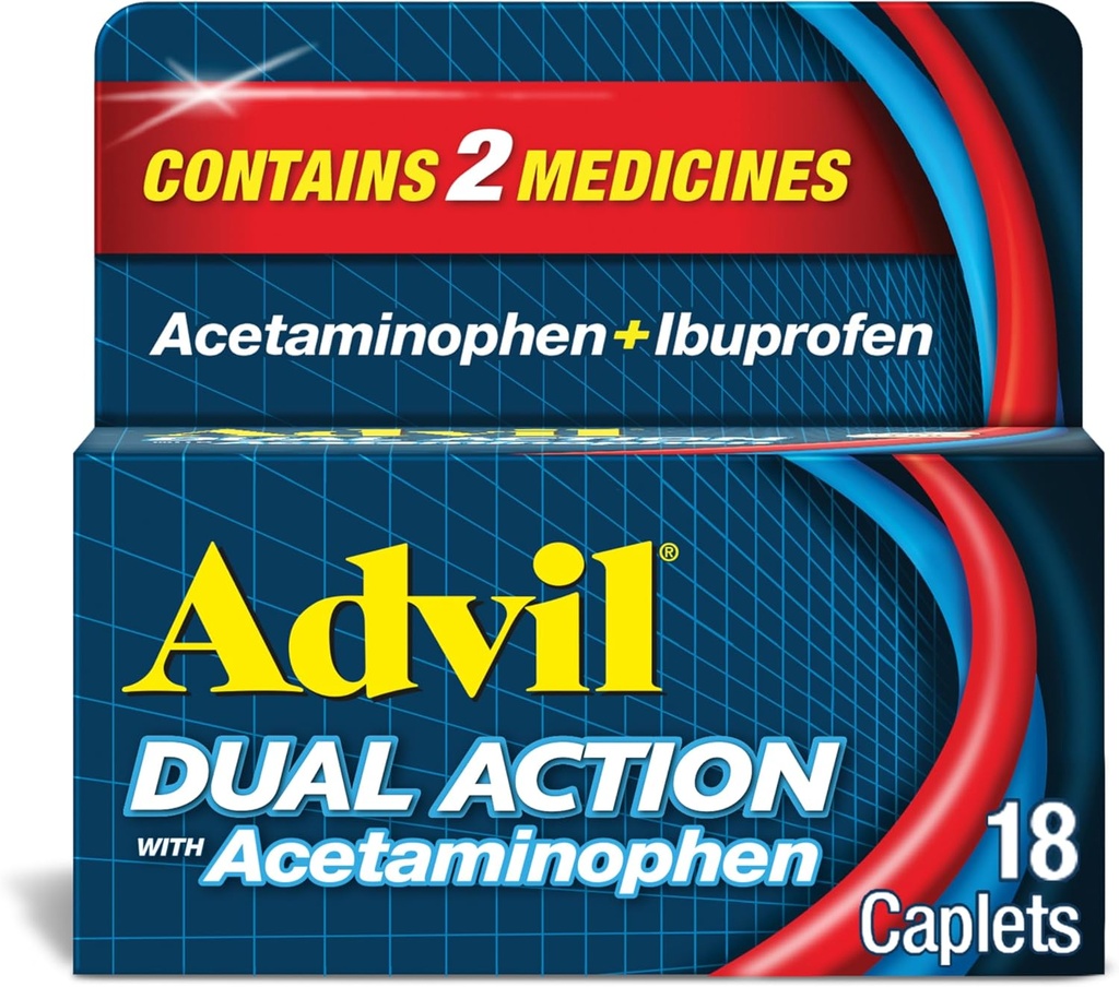 Advil Dual Action Covered Caplets with Acetamophen, 125mg Ibuprofenas ir 250mg Acetamophen per Caplet for 8 valandų skausmo malšinimo - 18 Count