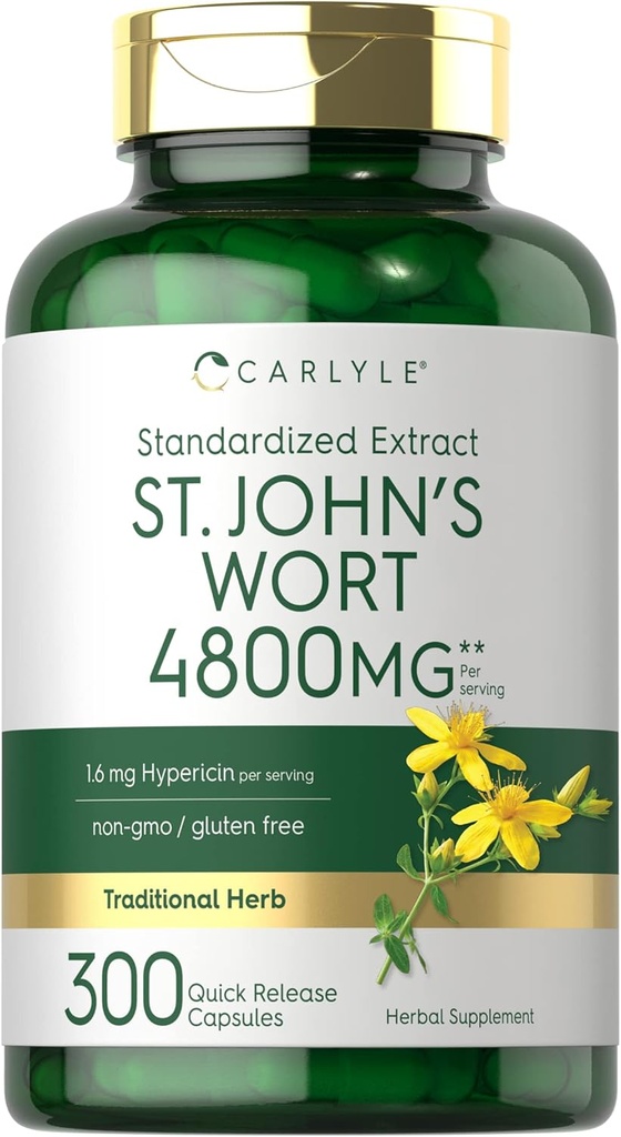 Carlyle St John's Wort Capsules | 4800mg | 300 Count | Non-GMO & Gluten Free Supplement | Extracto estandarizado