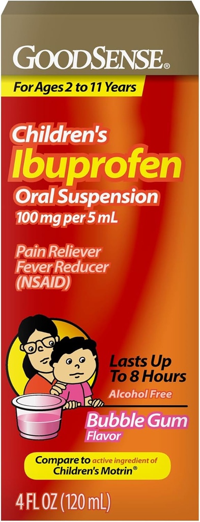 GoodSense Children's Ibuprofen Oral Suspension, 100 מ"ג לכל 5 mL, Pain Reliever & Fever מופחת, Bubble Gum Flavor