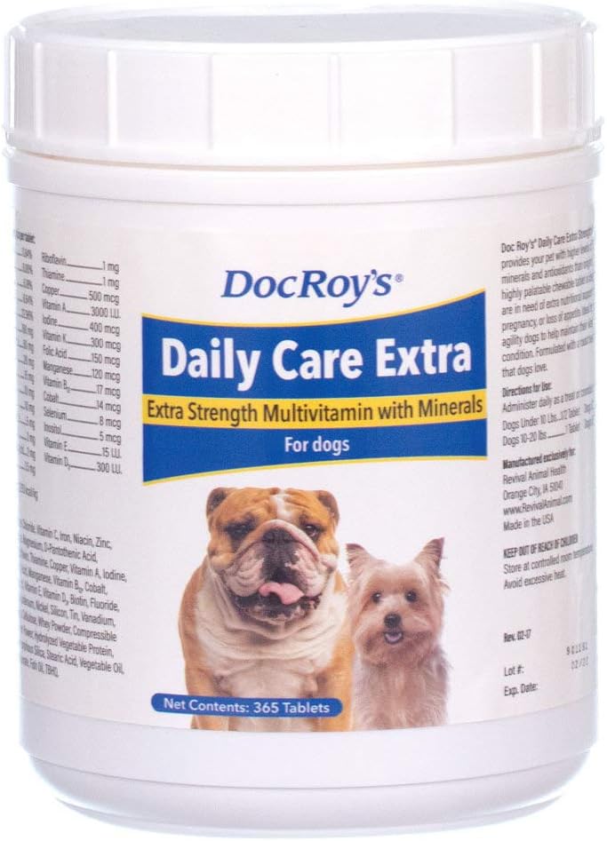 Doc Roy's Daily Care Extra, Advanced Multivitamin for Dogs, Supports Energy, Immune, Muscle, Bone and Brain Health, Fornisce Vitamine A C D3 E B Complex, Iron Zinc Magnesium Iodine, Made in USA 365 ct