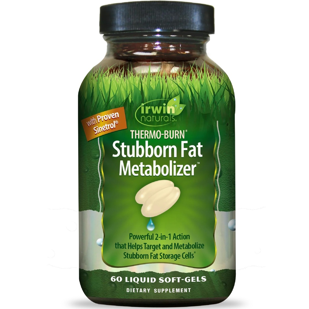 Irwin Naturals Thermo-Burn Stubborn Fat Metabolizer - 60 Liquid Soft-Gels - Combines Green Tea Extract (EGCG), MCT Oil & Caffeine - 20 Servings
