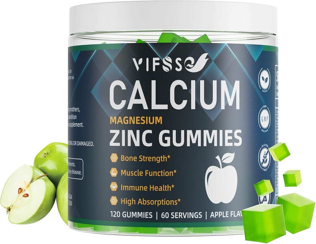 Calcium Magnesium Zink Gummies 600mg met vitamine D3 K2, 120 Gummies Plant-based Sugar-Free Calcium Gummies Hoge Absorptie Complex Calcium Supplement 70+ Trace Minerals for Bone Strength, Vegan