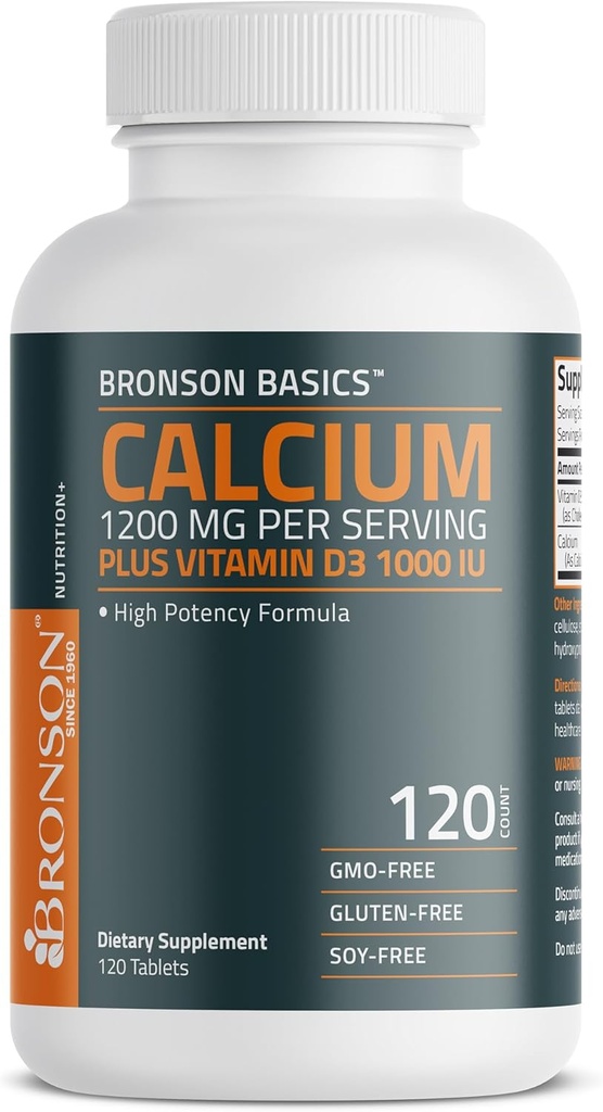 Bronson Calcium 1200mg Vienam paršiavimuisi plius Vitaminas D3 1000 TV Didelis stiprumas Formulė, Ne GMO, 120 tablečių