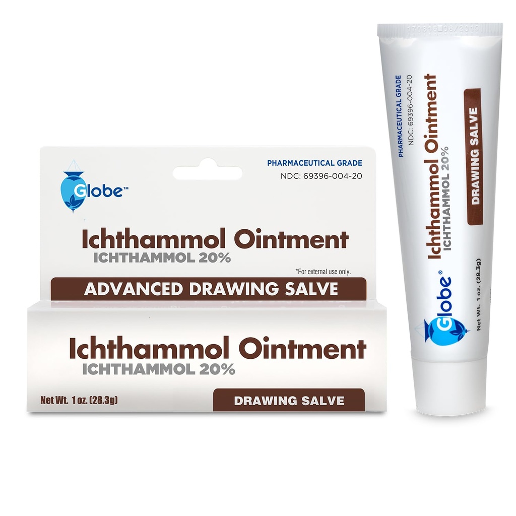 Globe Ichthammol Ointment 20%, (Drawing Salve) 1 OZ | Pharmaceutical Grade**** |Soothing Skin Relief and Treatment of Eczema, Psoriasis, and Acne| Ichthammol 20% with Minimized Scent | | Soothing Skin Relief, Treatment of Eczema, Acne, Boils, Splinters, Bee Stings - Maximum Strength