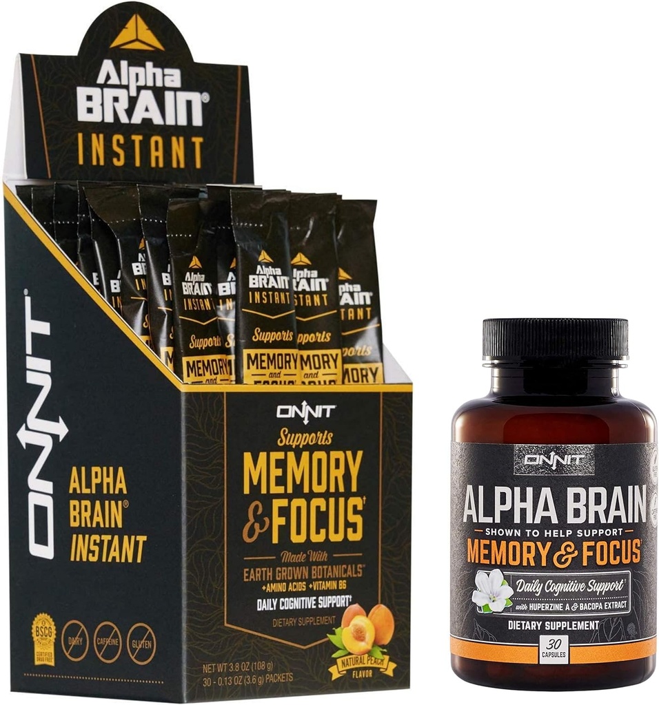 ONNIT Nootropic Stack - Cápsulas Cérebro Alfa (30ct) + Alpha Cérebro Instant - Peach Natural (30ct)