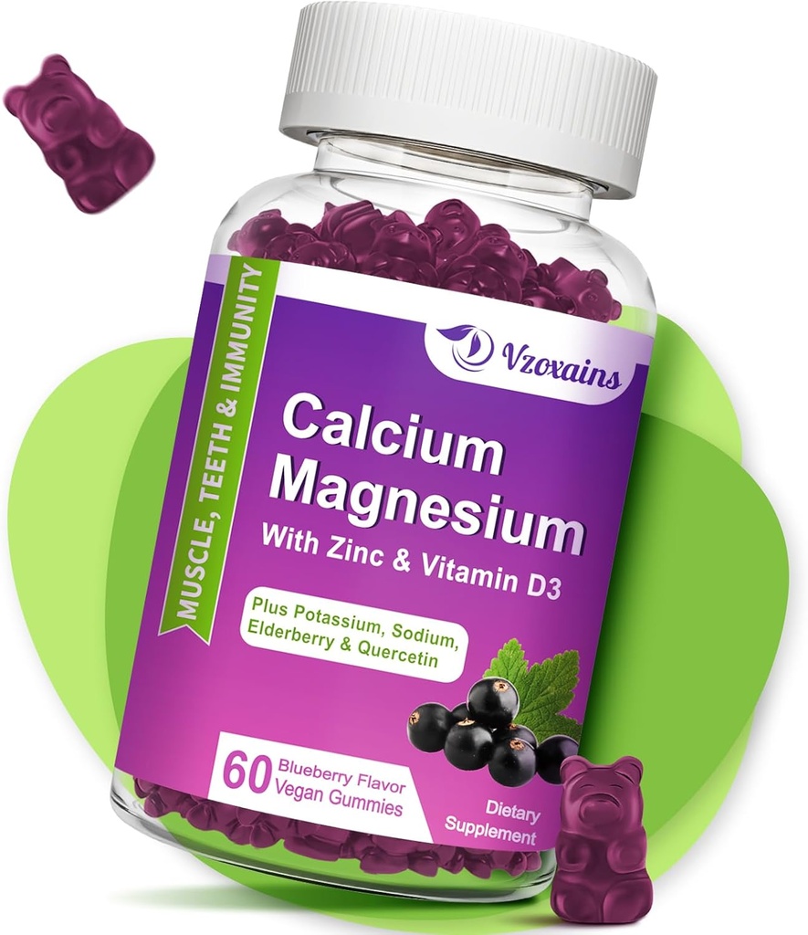 High Absoption Calcium Gummies, Calcium Magnescn với Magnesium Glycinate, Potassium, vitamin D3 cho phụ nữ và nam giới- Blueberry Flatsed 60Cts