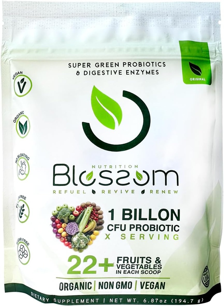 Blossom SuperGreens Probióticos – Enzymes Digestivos con Pre/ProBiotics for Bloating Relief – 30+ SuperGreens & SuperReds to Boost Energy –Organic, Gluten-Free, No Fiber, 0g Sugar (Lemon Citrus)