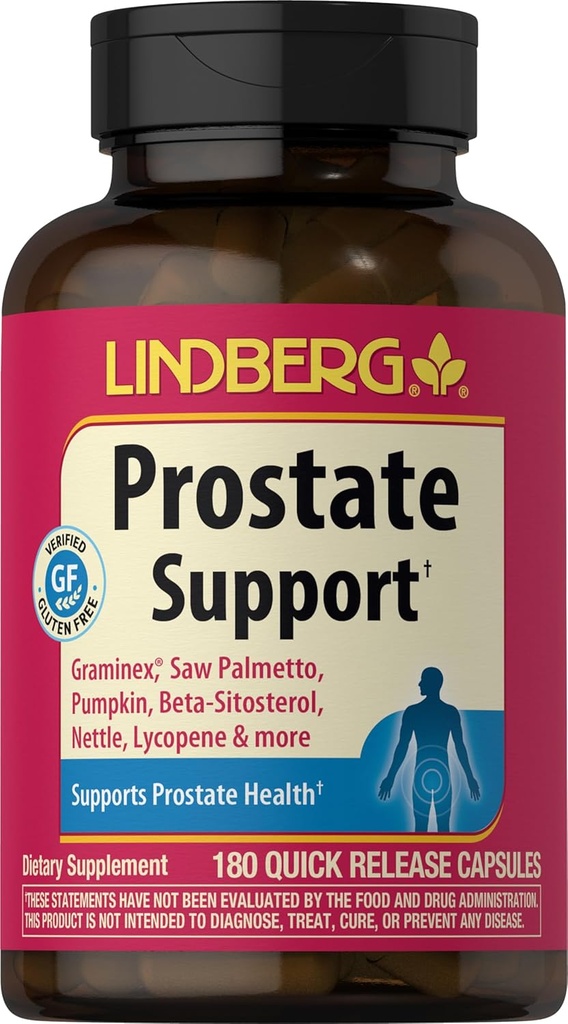 Lindberg Prostate Supplement for Men | 180 kapsulak | Saw Palmetto, Lycopene, Beta Sitosterol, Pumpkin Seed Extract | Non-GMO, Gluten Free