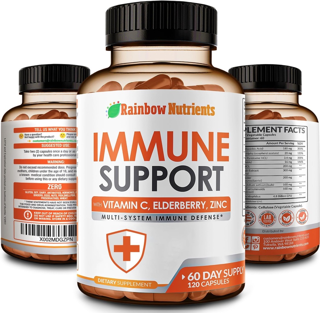 10 in 1 Immune Supplement Supplement (No Fillers) Remote 124; Witamina C, Cynk, Elderberry, Echinacea, Turmeric, Probiotics Remote 124; Wzmacniacz odporności dla wielosystemowej obrony immunologicznej, układu oddechowego & Gut zdrowia 124; 60 Day Supply