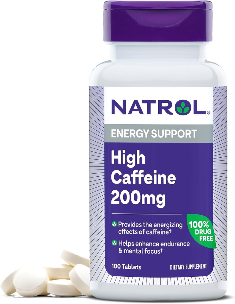 Natrol High Cofeine 200 mg per tarjoilu, energia tuki täydentää aikuisille, 100 tablettia, 100 päivän tarjonta