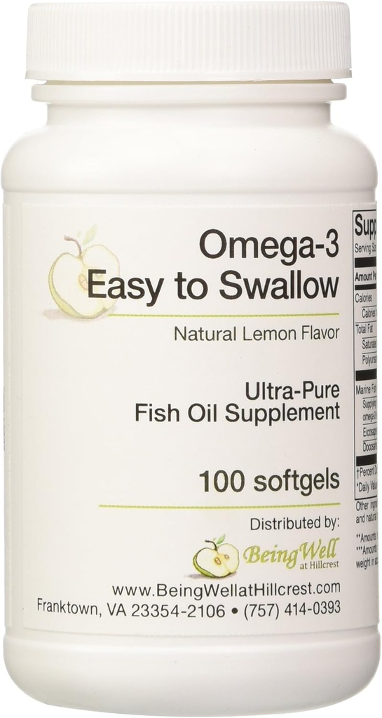 Omega-3 "Easy to Swallow" Ultra-pure Fish Oil Supplement Natural Lemon Flavor 100 Softgels