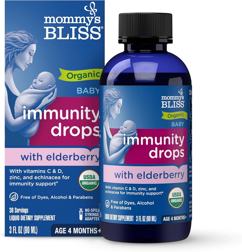 Māmiņas Bliss Organic Baby Elderberry Drops, Imūnās atbalsts ar vitamīniem, Prebiotikas, Cinka & Organic Echinacea, Vecums 4 Mēneši +, 3 Fl Oz (36 Kalpo)