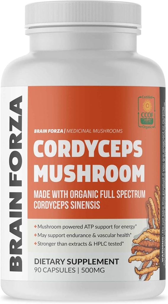 Cápsulas Cordyceps Orgânicas de Forza Cérebro - Cordyceps Sinensis Cogumelo Baixo-Oxigênio Crescido nos EUA, Não-GMO, Vegan, Orgânico, 90 Cápsulas
