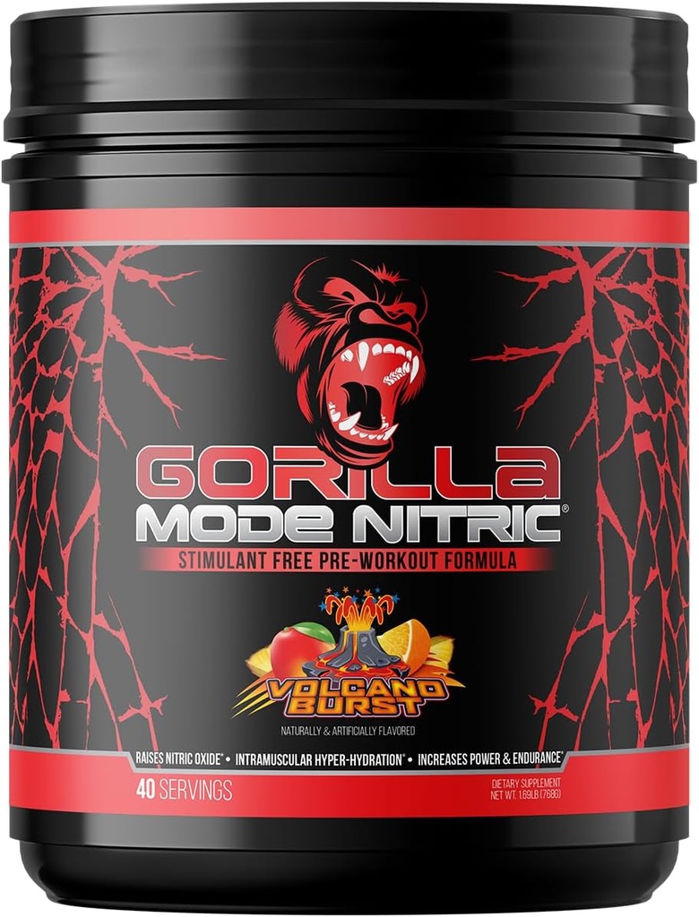 Gorilla Elme - Gorilla Mode Nitric Updated Stimulant Free Pre- Edzés - A legjobb ízesítő és a leghatékonyabb Stimulant Free Pre- Edzés / Massive Pumps · Vasodilation · Power / 768 Grams (Vulcano Burst)