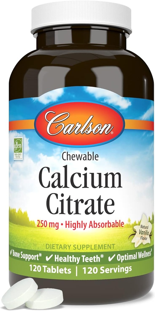 Carlson - Citrato di calcio masticabile, 250 mg, Altamente assorbibile, Supporto di ossa, Benessere sano e ottimale, Vaniglia naturale Flavor, 120 compresse