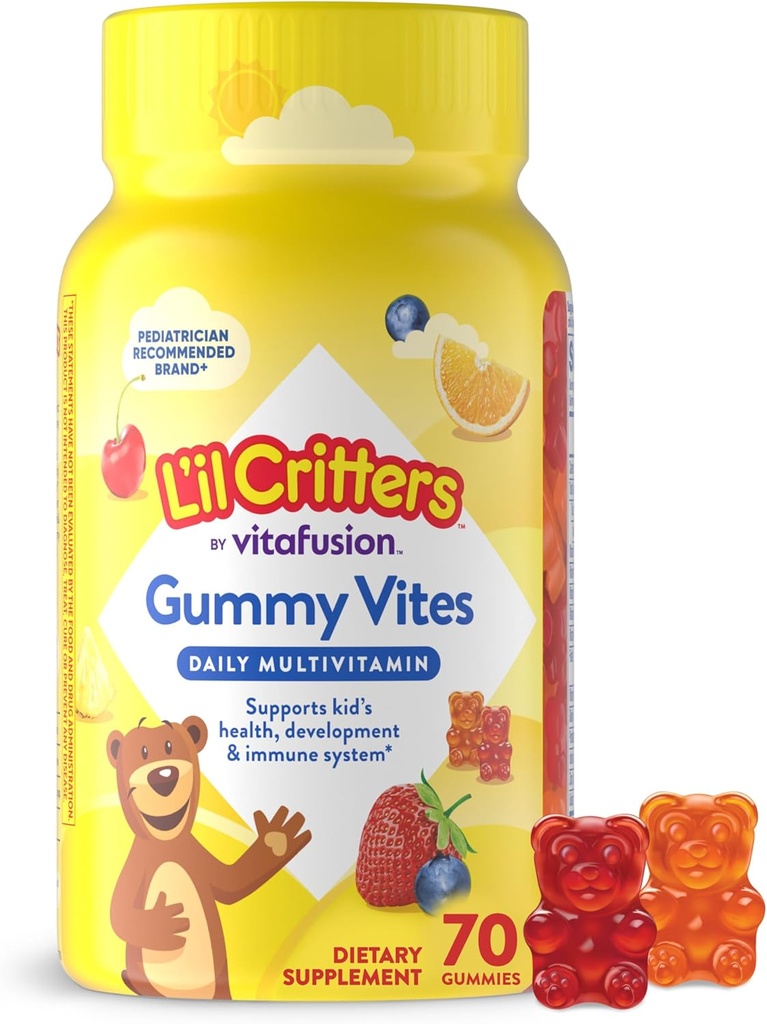 L'il Critters Gummy Vites Daily Gummy Multivitamin for barn, Vitamin C, D3 for immunstøtte Cherry, Jordbær, Oransje, Pineapple og Blåbær Flavors, 70 Count Gummies