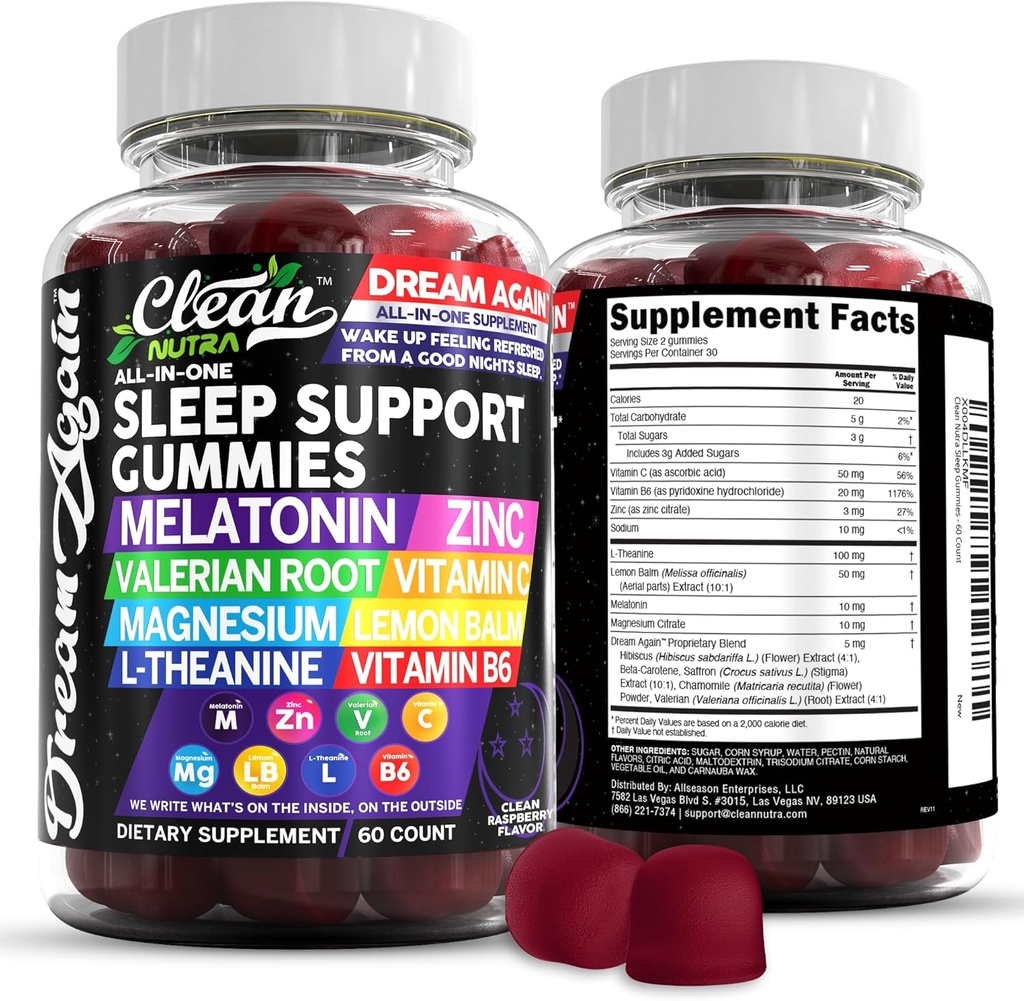 Clean Nutra Melatonin Gummies 10mg - sleep Aid Valerian Root L-Theanine Vitamin B6 C Lemon Balm Magnesium Hibiscus Beta Carotene Saffron &amp;apos; Chamomile Rest Support supplement Raspberry Flavor