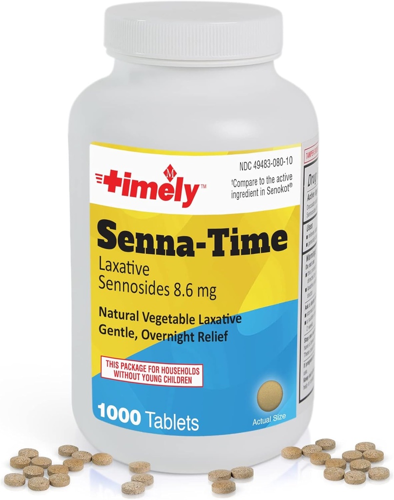 Timely Senna Time Laxative - 1000 Count Tablets - Natural Vegetable Based Laxatives for Constipation Relief, Gentle Overnight Relief and Stool Softener