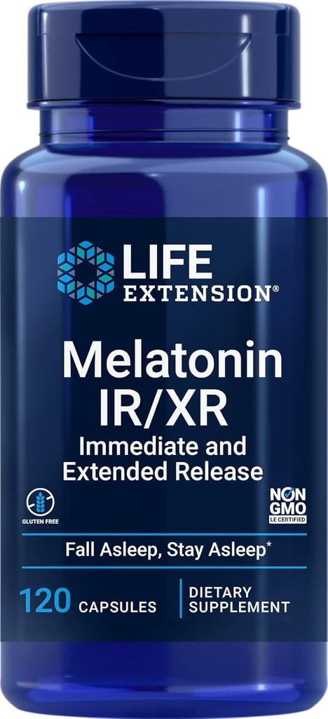 Life Extension Melatonin IR/XR 120 kapsulak - Immediate & 7 Hour Extended-Release - Gaueko denbora gehigarria - Lo egitea onartzen du - Gluten-Free