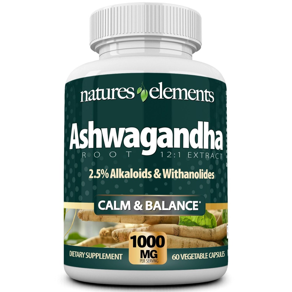 Natures Elements Ashwagandha Root – 12:1 Extract – 1000mg Per Serving – 2.5% Withanolides & Alkaloids – 60 Veggie Caps – Stress & Energy Support – Non-GMO