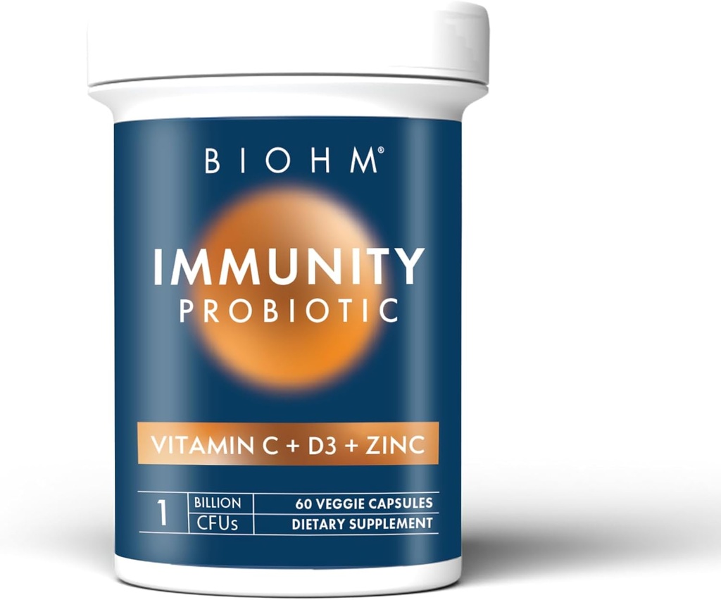 BIOHM Probiotika imunity s vitaminem C, D3 & zinek, 1 bilion CFU (60 Kapsle) Denní Probiotika pro ženy a muže, Digestivní zdraví a imunitní podpora, Vegan, gluten- Free a Non- GMO