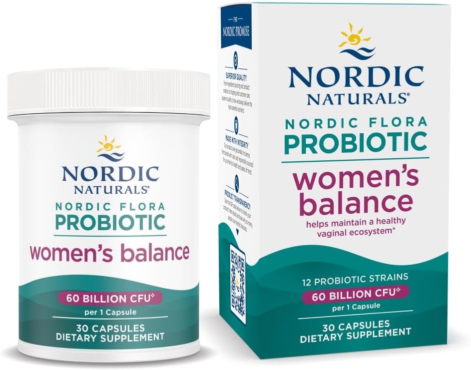 Nordic Naturals Nordic Flora Probiotic Women's Balance - 30 Capsules - 12 Probiotic Strains with 60 Billion Cultures - Intestinal Support, Vaginal Health - Vegan - 30 Servings