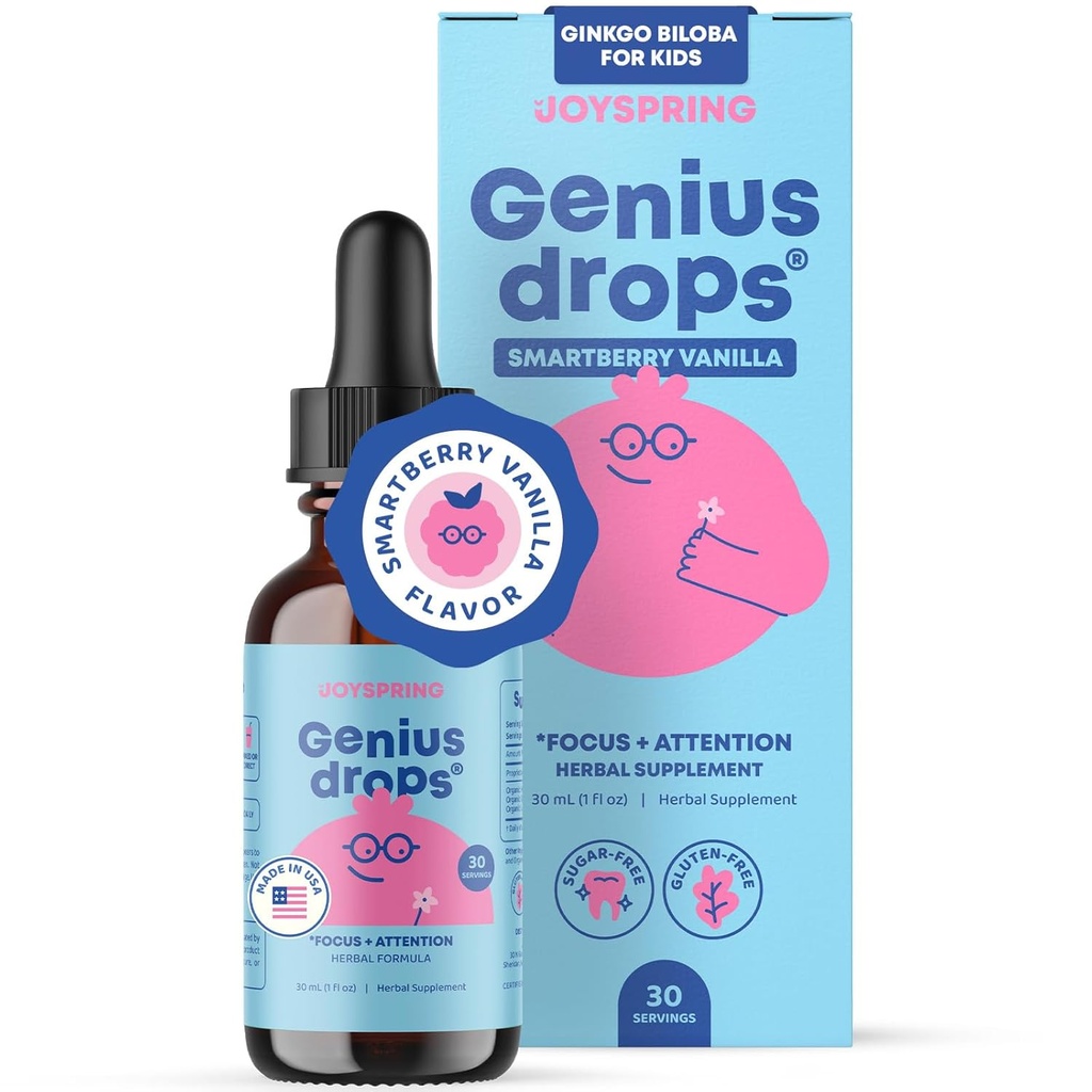 JoySpring Genius Drops Smartberry Vanilla Vanilla 124; Herbal Focus Support for Kids with Ginkgo Biloba, Licorice Root, Gotu Kola Extract, Peppermint Leaf British 124; Liquid Formula British 124; 1fl oz (30 Servings)