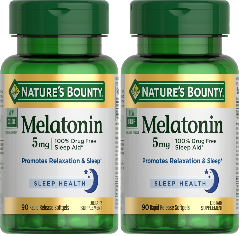 Nature's Bounty Melatonin, 100% Drug Free Sleep Aid, Dietary Supplement, Promotes Relaxation and Sleep Health, 5mg, 90 Softgels (Pack of 2)