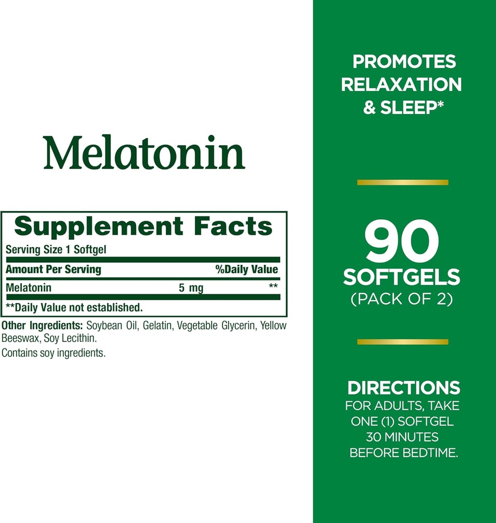 Nature's Melatonin, National Free Sleep Aidation, Dieary Supplements, Presoration and sleepal Health, 5mg, 90 Softgels (Pack of 2).
