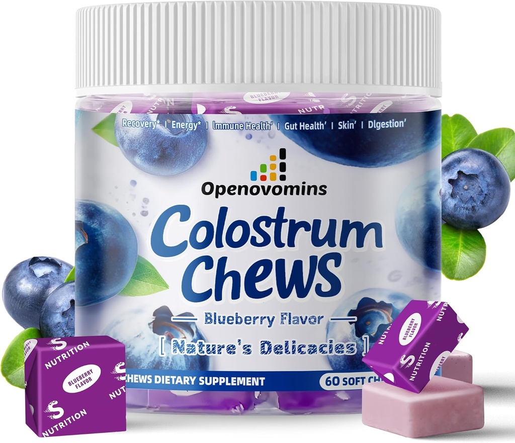 Bovin Colostrum Soft Chews Supplement med probiotika til Gut Sundhed, Bloating, immunforsvar, hud, hårvækst og skønhed - Blåbær Flavor (60 Servere)