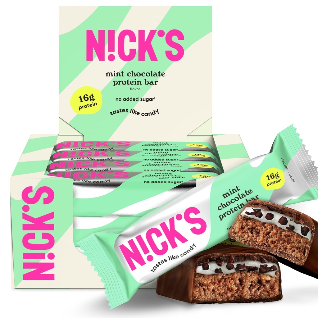 N!CK'S Protein Bars Mint Chocolate, 12 Count Box (50g Each) | High Protein, Low Calories, Low Carb, Keto Friendly, No Added Sugar
