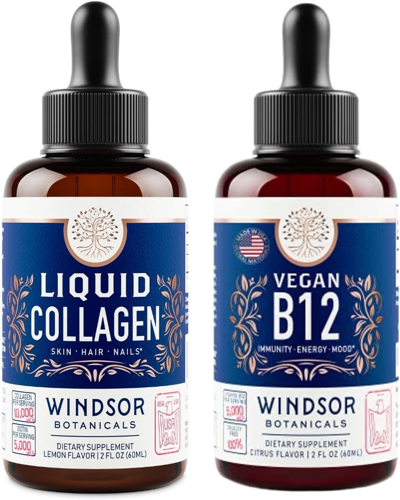 WINDSOR BOTANICALS Vitamina B12 Liquid and Liquid Collagen with Biotin - Enerxía e Benestar Bundle
