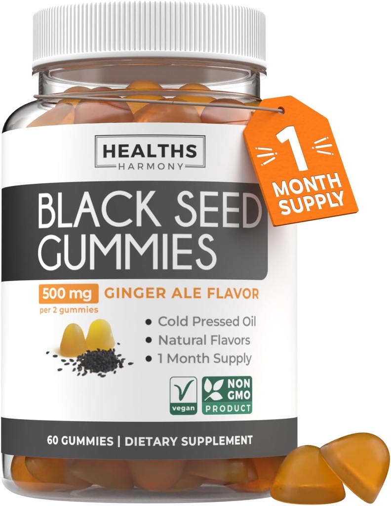 Black Seed Oil Gummies - Natural Ginger Ale Flavor (Non-GMO & Vegan) Cold-Pressed Nigella Sativa producerar Pure Black Cumin Seed Oil - 500mg Per 2 Gummy Servering