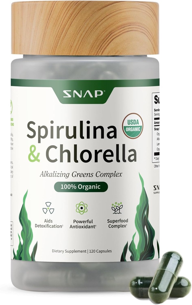 Supplements Snap Organic Spirulina i Chlorella - Białko bogaty niebieski zielony Algae Superfood Suplement do energii i wsparcia immunologicznego, 120 Kapsułki wegetariańskie (30 Słupki, 1 Miesiąc dostaw)