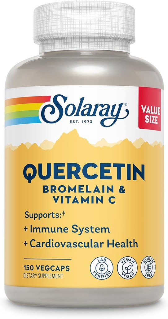 SOLARAY Quercetin Bromelain & Vitamin C, Immune System, Sinus, Respiratory & Antioxidant Activity Support, Vegan, 500mg Quercetin & 1,235mg av VIT C, 60 Day Guarantee, 75 portioner, 150 VegCaps