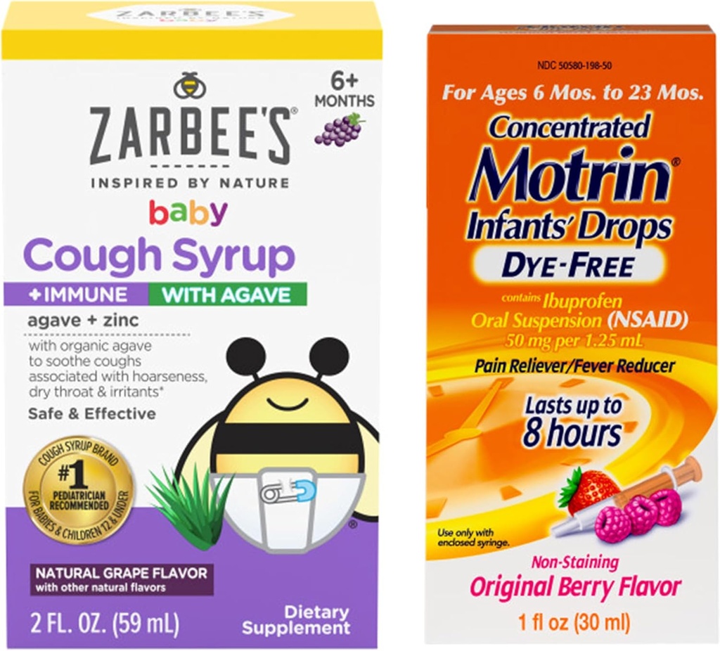 Motrin och Zarbee's Essentials for Infants Infants' Concentrated Liquid Medicine Drops med Ibuprofen och Zarbees Baby Cough Syrup + Immune med Organic Agave + Zink