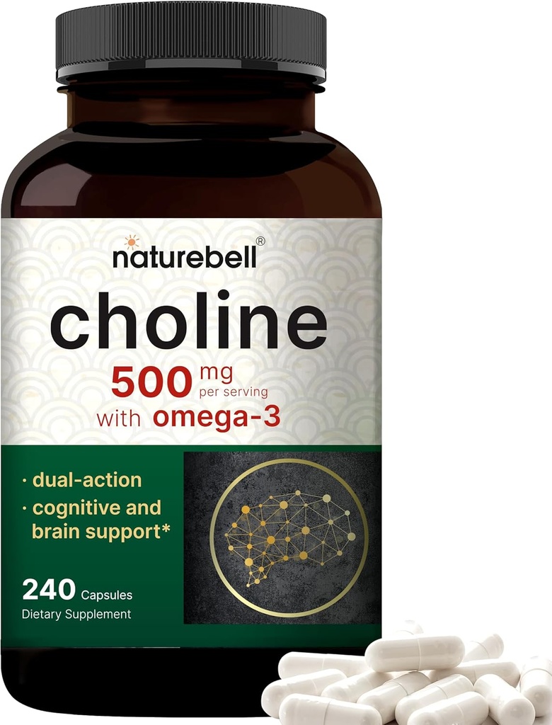 NatureBell Chooline Suplemen 500mg dengan Omega-3 Fatty Acids, 240 Capsules 14; Chings Potensi Tinggi Choline - Prenatal During Pregnancy - Promotes Energy, Liver, Brain, & Kognitive Health