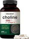 NatureBell Chooline Suplemen 500mg dengan Omega-3 Fatty Acids, 240 Capsules 14; Chings Potensi Tinggi Choline - Prenatal During Pregnancy - Promotes Energy, Liver, Brain, & Kognitive Health