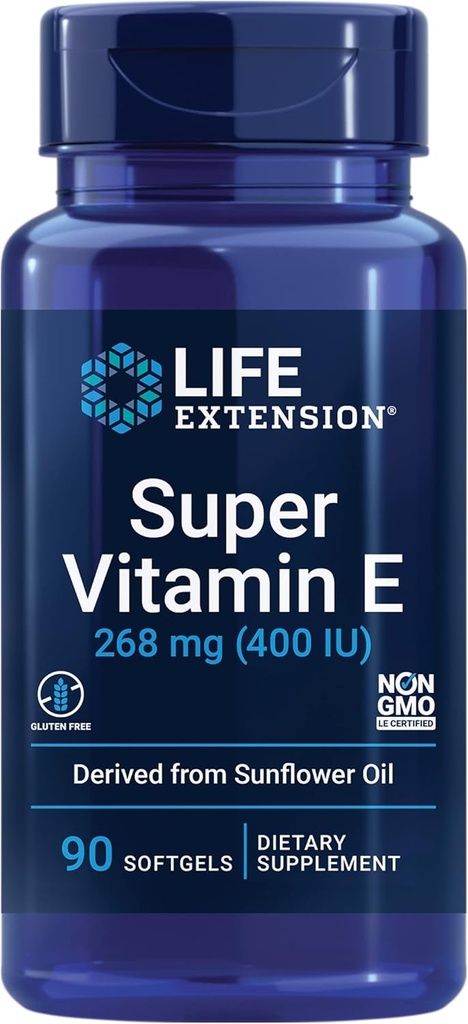 Life Extension Super Vitamin E, 268 mg (400 i.e.), nesintetični dodatek vitamina E spodbuja zdravje celih telesc, gluten-free, non-GMO, 90 mehkih gelov