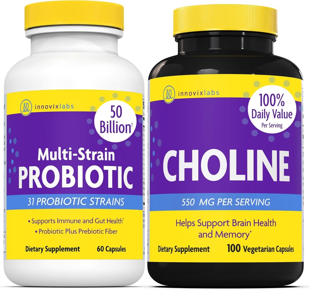 InnovixLabs Choline & Multi Probiotic Bundle Choline Bitartrate 550mg (100 Kapseln) Multi Strain Probiotics (60 Kapseln). Unterstützt Gedächtnis, Stimmung, Gehirn Gesundheit & Boost kognitiv.*