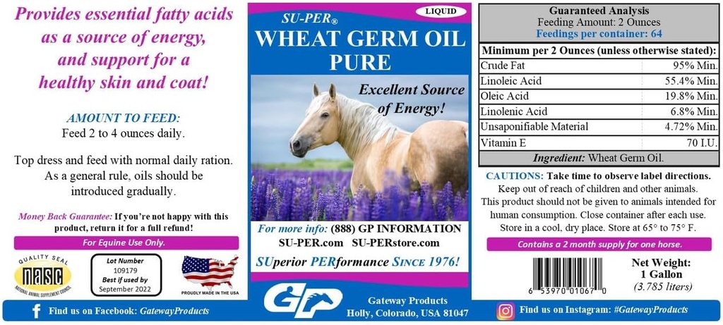 SU-PER Wheat Germ Oil Pure for Horses - Supports Energy, Endurance, Stamina, Healthy Skin and Coat - Essential Fatty Acids, Vitamins and Minerals - 1 Gallon + Pump, 4 Month Supply