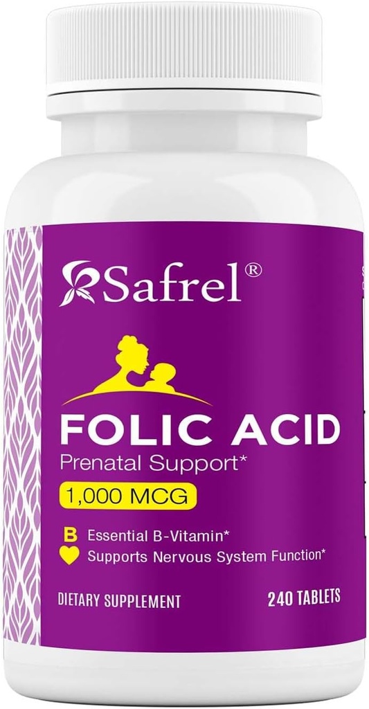 Saflal Folic Acid 1000 mcg (1 mg) - Witamina B9- 240 Tabletki, Witamina zasadnicza prenatalna i poporodowa dla rozwoju płodu, Produkcja Czerwonej Krwinki, Rozwój komórkowy i neuralny 124; NieGMO, Wegan