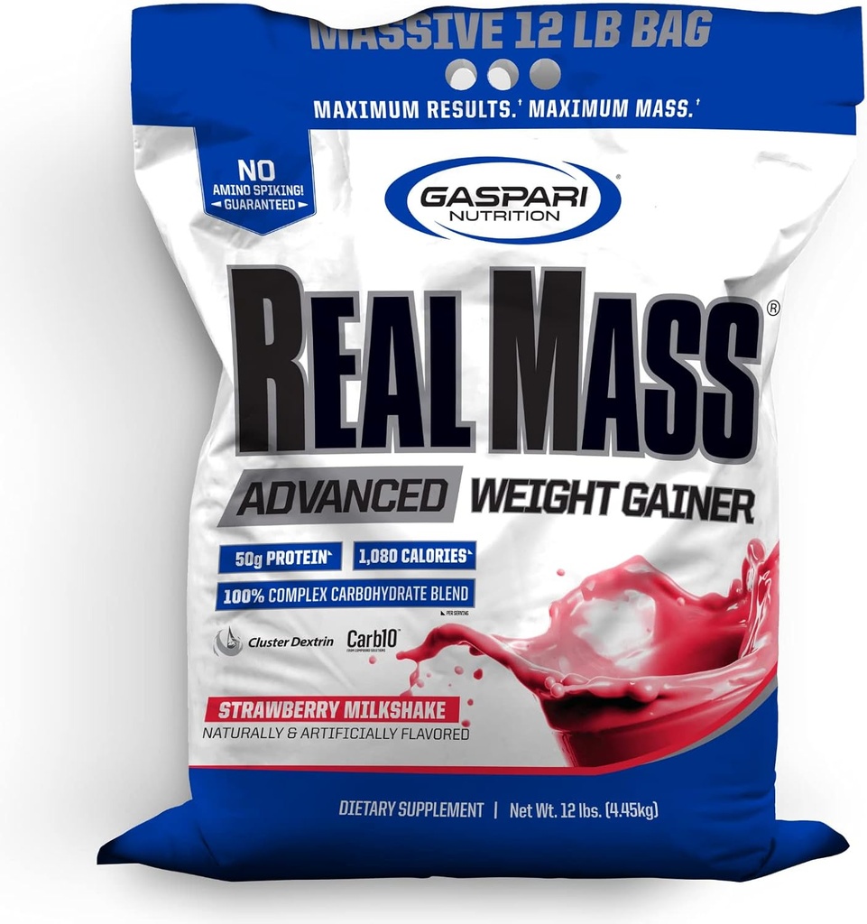 Gaspari Nutrition Real Mass: Advanced Weight Gainer, Protein og kompleks Carb Blend, 50g Protein, 16g EAAs, Glutenfri, 12 lbs (Strawberry Milkshake)