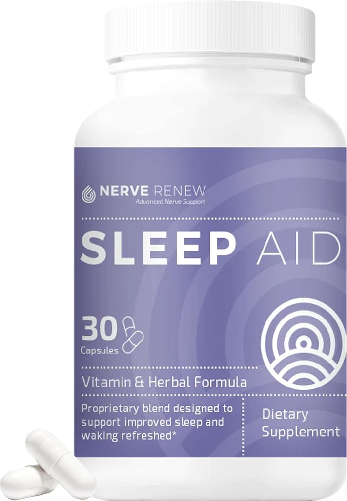 NERVE RENEW Sleep Aid - Suplement diety dla lepszego snu - 30 Kapsułki - Działa szybko - Delikatnie All- Natural Herbal i witaminy Formuła z Melatonin, Magnezu, Cynk, Amino Kwasy, Ekstrakty ziołowe