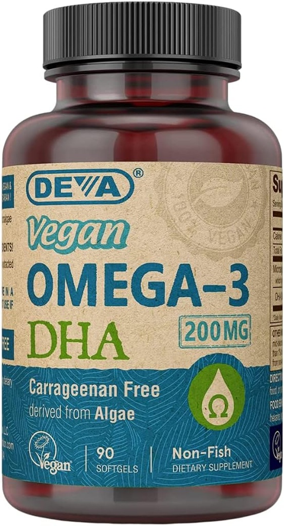 DEVA Vegan Omega-3 DHA Suplement, Once- Per- Day Softgel 200 MG, Carrageenan Free, Żelatyna Free, Non-Fish, Algae Oil, Omega-3 Kwasy tłuszczowe - 90 Softgels